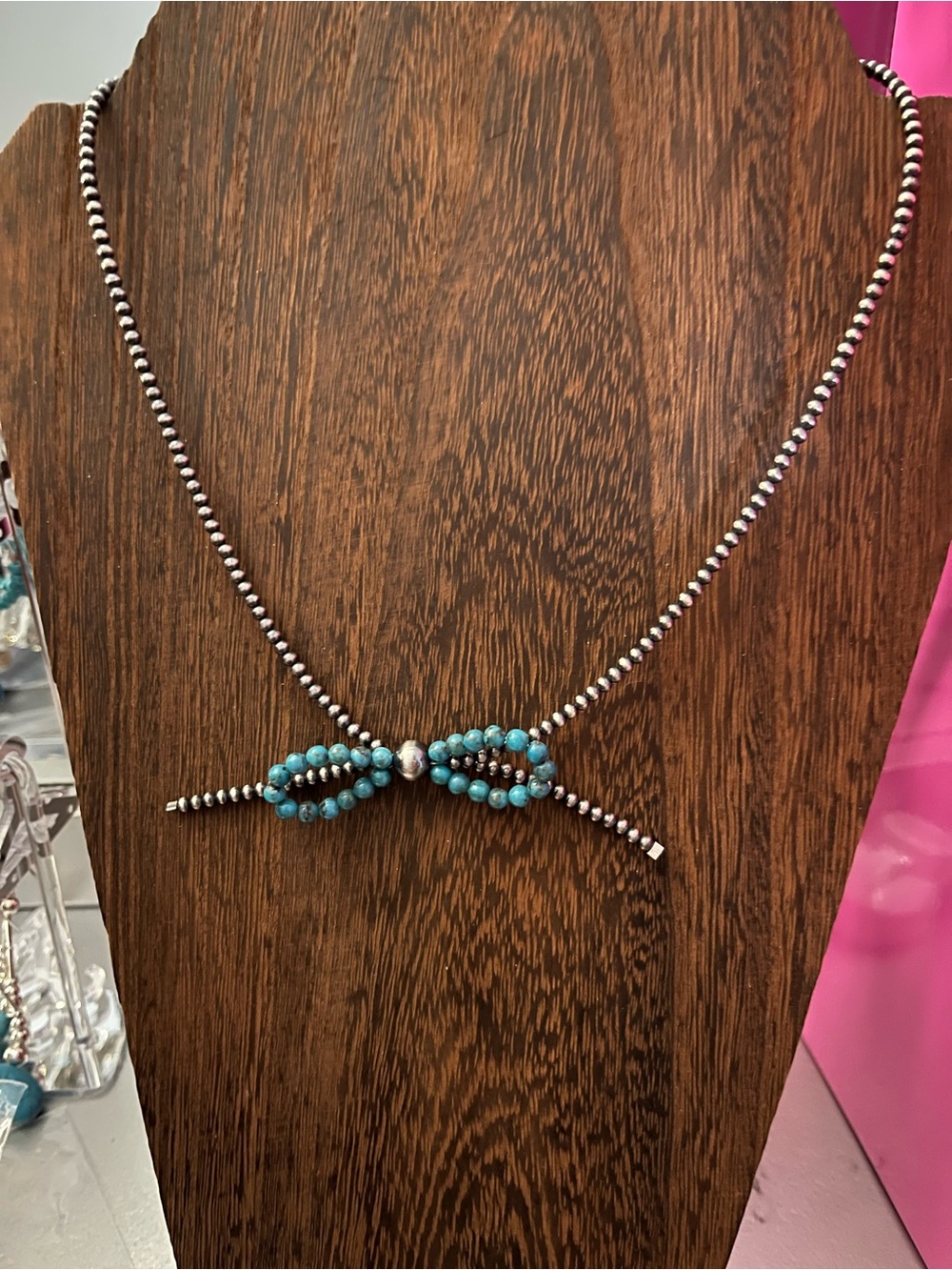 Turquoise Sterling Silver Beaded Bow Necklace- Southwestern Style 18 Inch